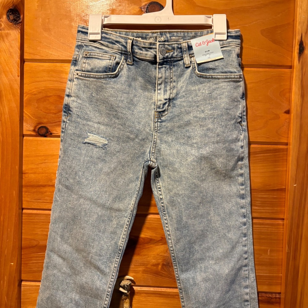 Cat & Jack Boys Slim Super Stretch Acid Wash Distressed Jeans Size 14 NWT
